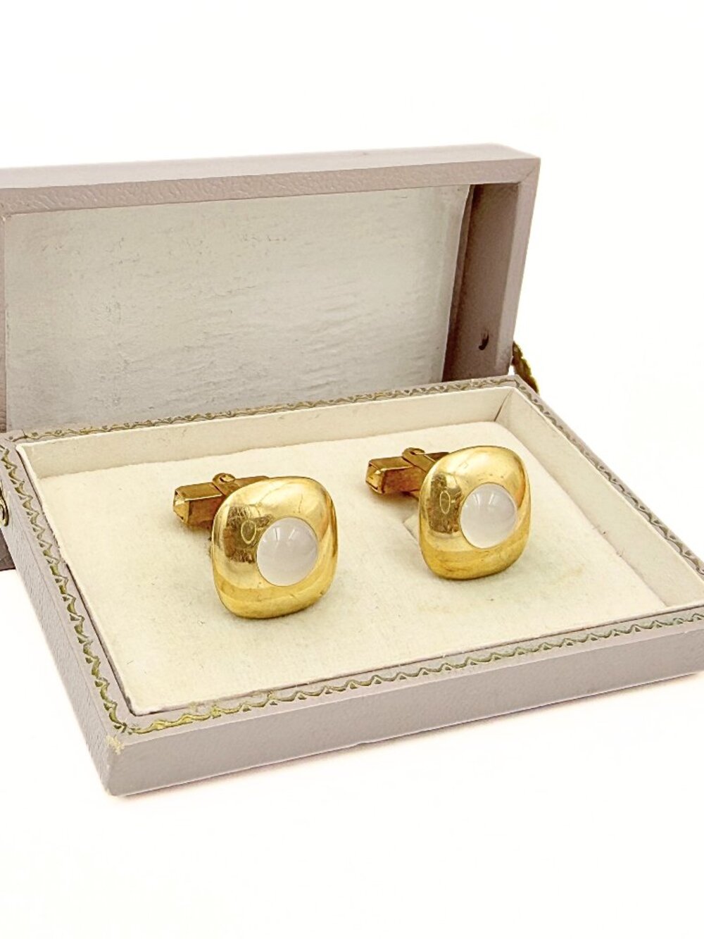 Anson Signed Pat Pend MCM Squircle Gold Plate Milky Glass Cufflinks